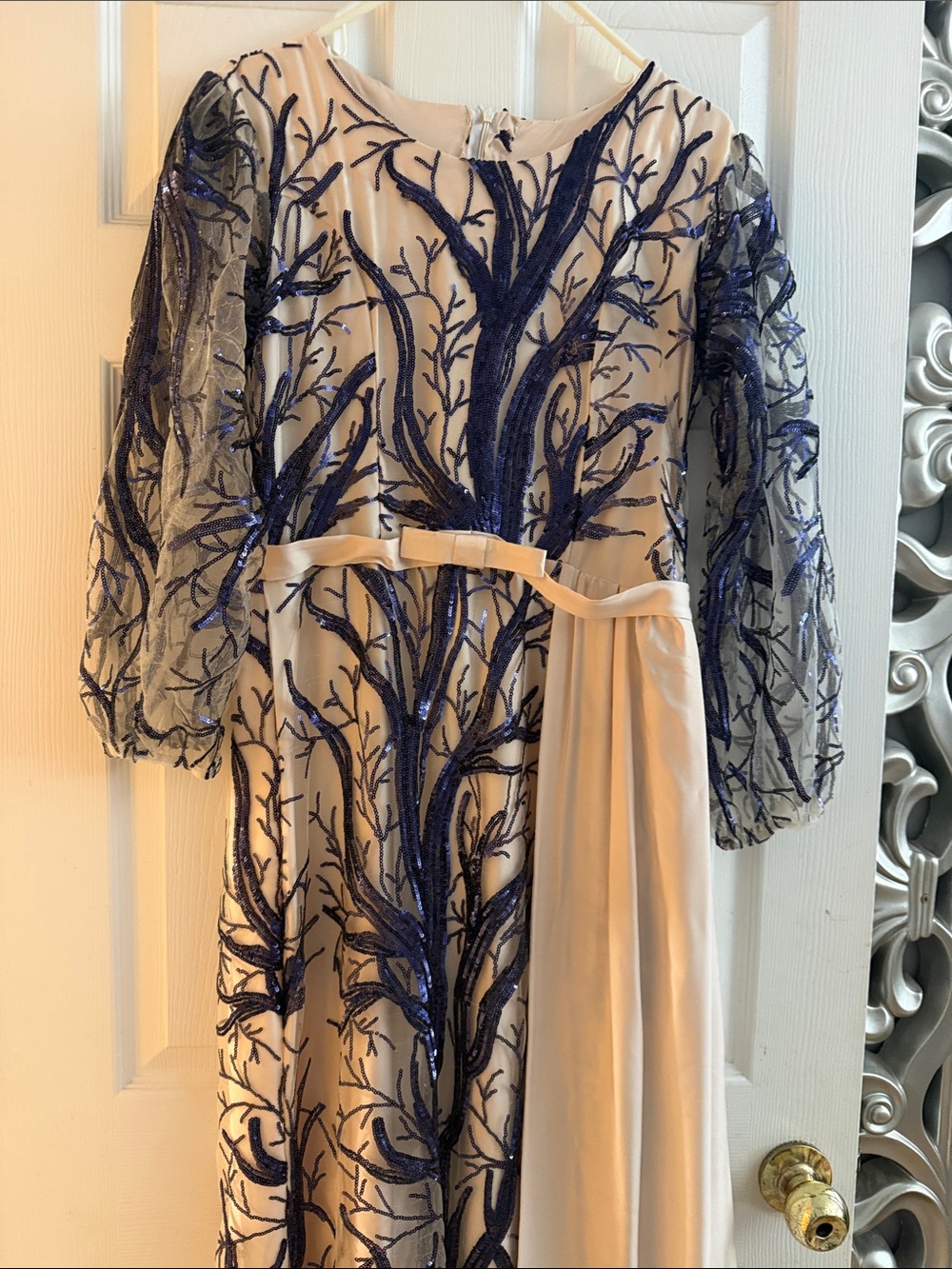 Ivory Long Sleeve Dress with Navy Sequin Branch Motif